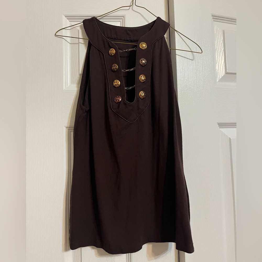 Vintage Brown Sleeveless Top with Gold Button Chain Design